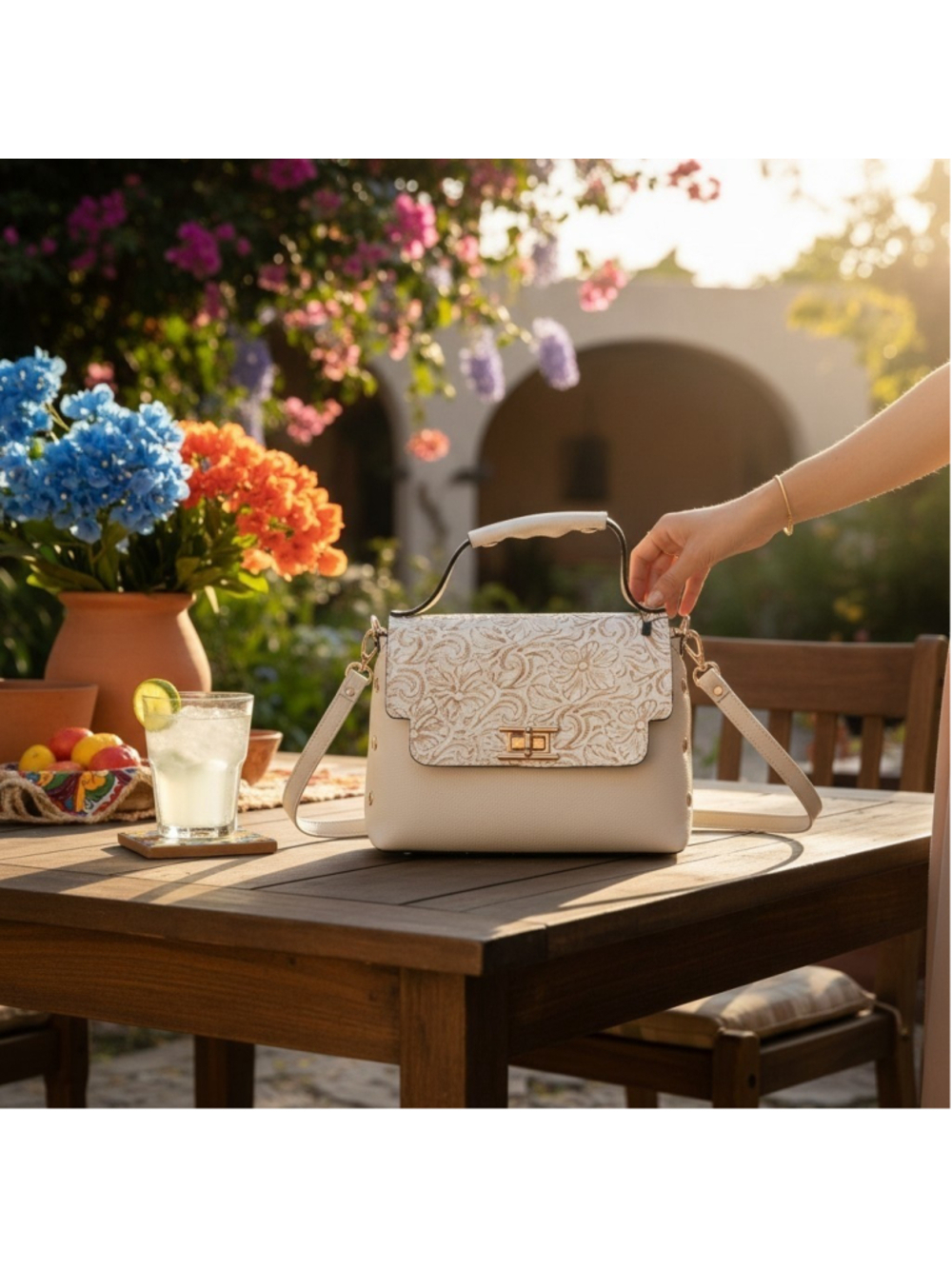 Off White Ivory Floral Studded Embossed Artisan LEATHER Purse Handbag Crossbody